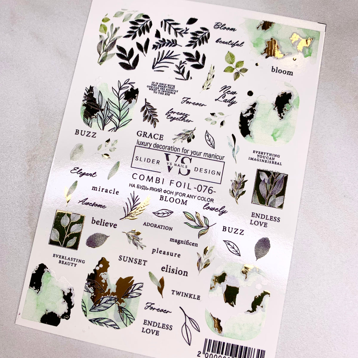 VS combi foil 076 with forest design nail sliders in UK from the top nail company Miss Dolla.