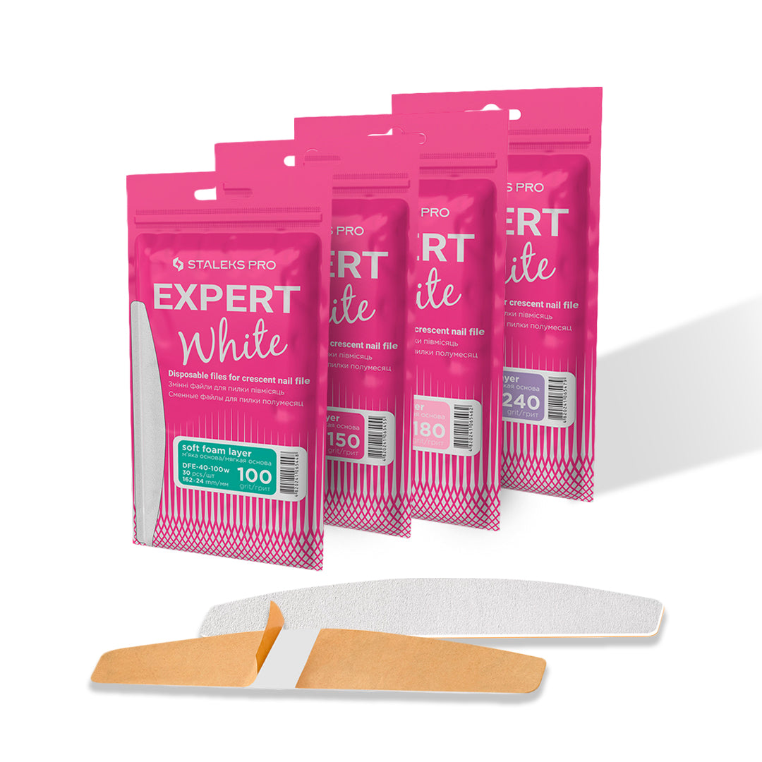 Staleks Disposable Crescent Nail Files EXPERT 40 (30 pcs, Soft Foam, Various Grits)