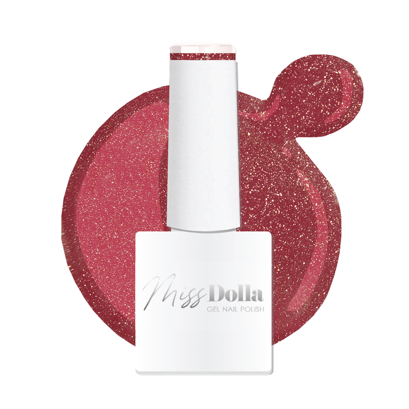 Miss Dolla's Glittery Brick Red UV/LED Gel Polish with pink hints, professional 8ml bottle | Dolla