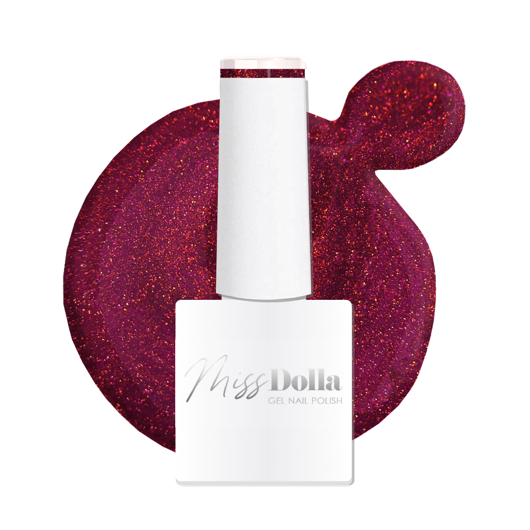 UV LED curable non chipping non fading Warm, red with plum hue and shimmer gel nail polish | Miss Dolla